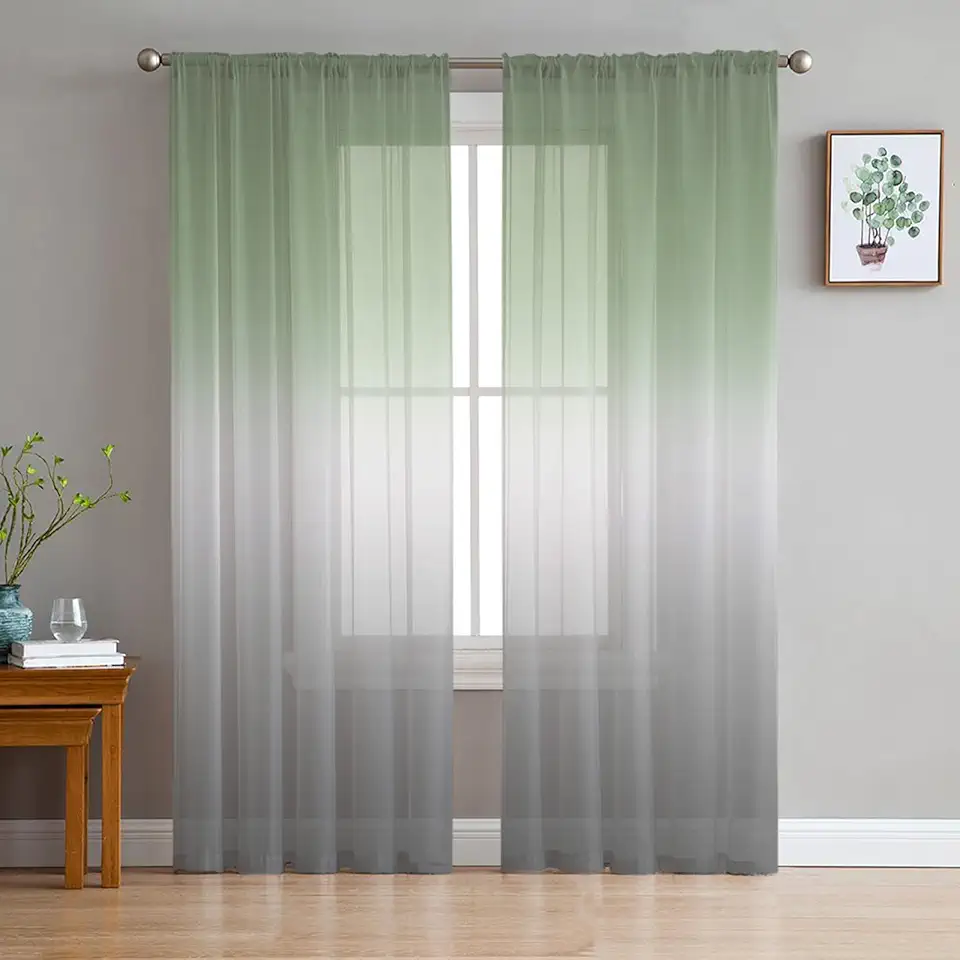 Sage Green and Grey Sheer Curtains 72 Inch Long 2 Panels, Gradient Curtains for Living Room Rod Pocket Sheer Drapes Light Filtering Voile Window Treatment 52" W x 72" L