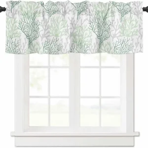 Sage Green Coral Coastal Farmhouse Short Window Curtain Valances, Summer Beach Valances for Windows, Seaside Nautical Rod Pocket Kitchen Valances for Living Room Bedroom Bathroom Cafe 54"x18"