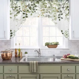 Sage Green Eucalyptus Leaves Swag Valances for Kitchen Window, Spring Summer Botanical Small Swag Curtains Drapes for Bedroom Bathroom Over Sink Rod Pocket Window Treatment Decor Valances, 56x36 Inch