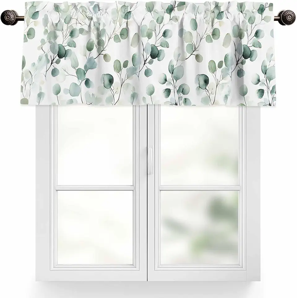 Sage Green Eucalyptus Leaves Valance for Windows Watercolor Spring Summer Leaf Privacy Rod Pocket Window Treatment Valance Decorative Short Curtain Valances for Kitchen/Living Room/Bedroom 54x18in