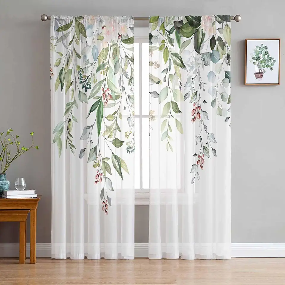 Sage Green Eucalyptus Sheer Curtains for Kitchen Bedroom Living Room Windows,Aesthetics Floral Farm Foliage Rod Pocket Decorative Drapes Semi-Sheer Door Curtain 63 Inch Length 2 Panels Set 52x63