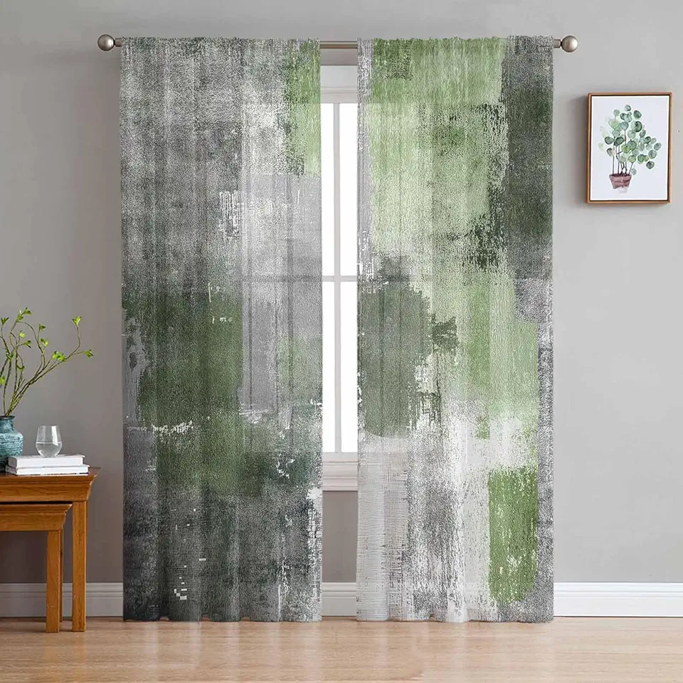 Sage Green Gray Sheer Window Curtains, Abstract Art Graffiti Texture Curtain Drapes Rod Pocket Voile Window Treatment for Living Room Bedroom 52" W x 84" L Inch, Set of 2 Panels