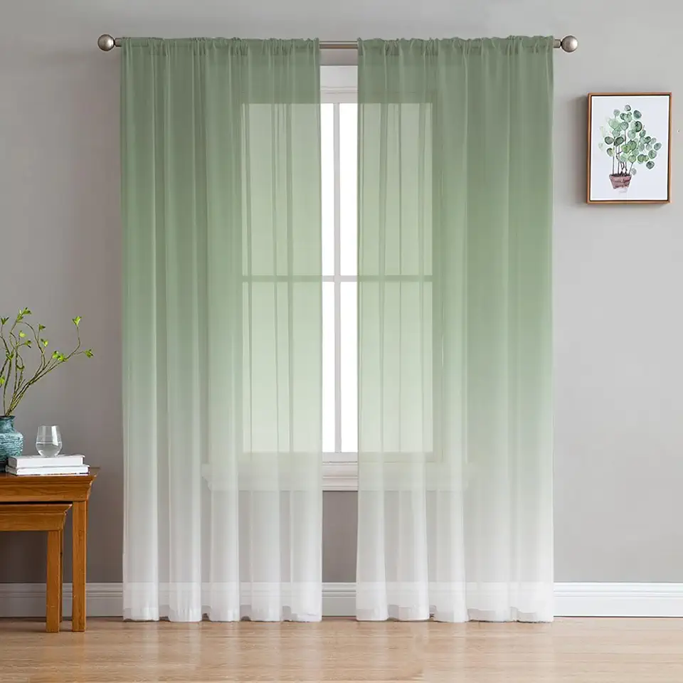 Sage Green Sheer Curtains 72 Inch Long 2 Panels, Gradient Green to White Curtains for Living Room Rod Pocket Sheer Drapes Light Filtering Voile Window Treatment 52" W x 72" L