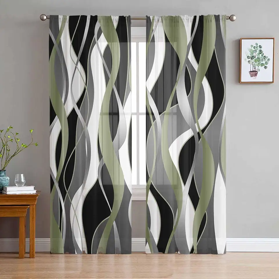 Sage Green Stripe Sheer Curtains for Kitchen Bedroom Living Room Windows,Grey White Geometric Modern Abstract Rod Pocket Decorative Drapes Semi-Sheer Door Curtain 63 Inch Length 2 Panels Set 52x63