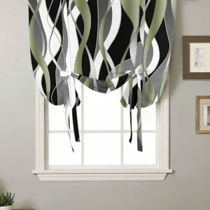 Sage Green Striped Tie Up Curtains for Windows, Adjustable Rod Pocket Modern Geometric Valance Shade, Light Filtering Abstract Gradient Art Window Treatment for Kitchen Bedroom Living Room 52"x 63"