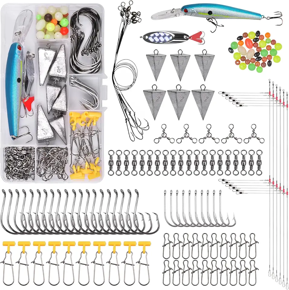Saltwater Fishing Tackle Kit, 136pcs Surf Fishing Gear Fish Finder Rigs Saltwater Fishing Lures Crankbait Spoon Pyramid Sinker Fishing Hooks Leaders Swivels Ocean Fishing Tackle Accessories