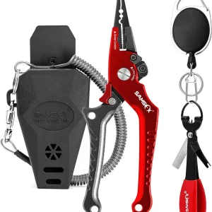 SAMSFX Aluminum Fishing Pliers Hook Remover Braid Line Cutter with Coiled Lanyard, Fly Fishing Knot Tying Tool & Retractors