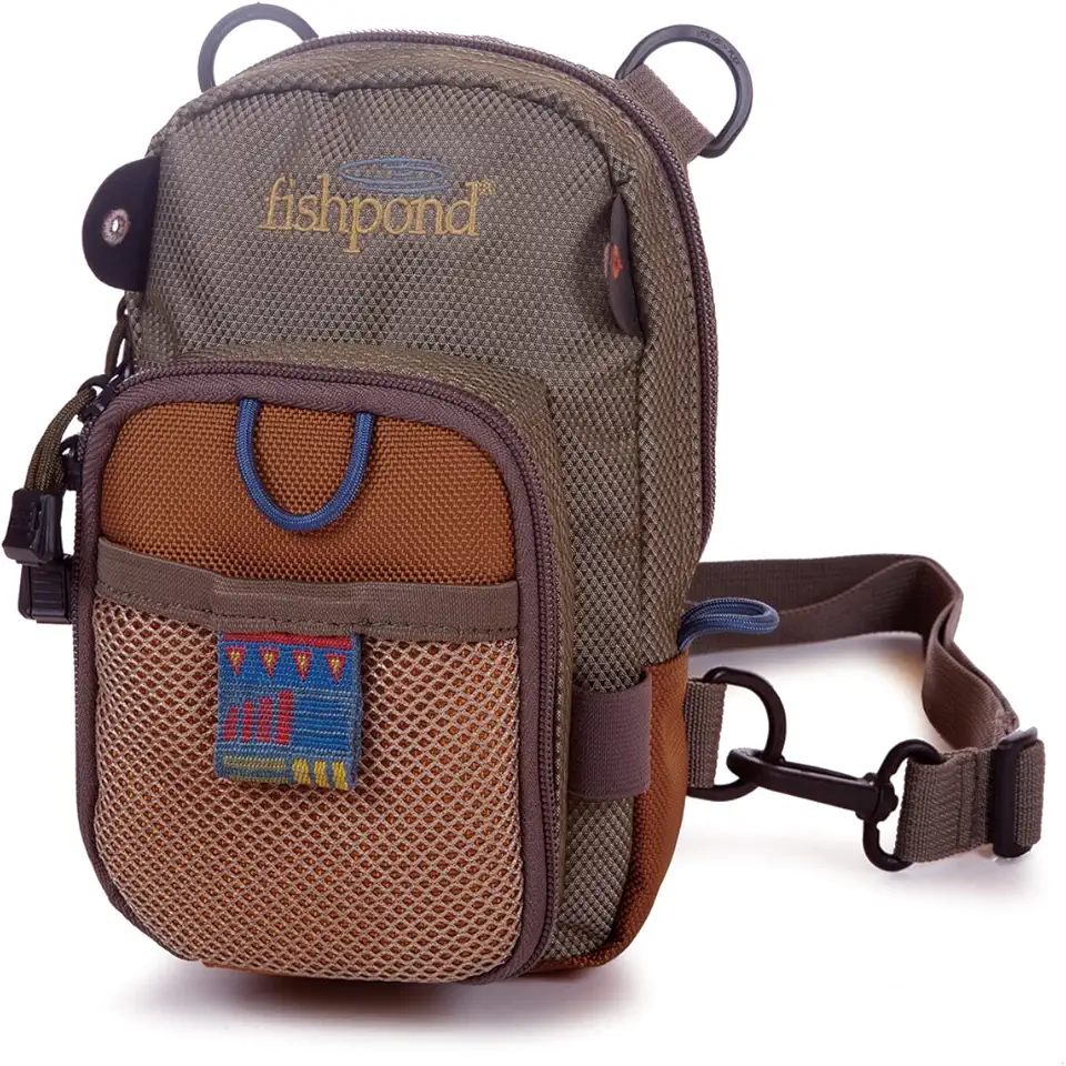 San Juan Vertical Fly Fishing Chest Pack, Fits up to Two Tackle or Fly Boxes, Lightweight Fishing Bag with Padded Neck Strap � Sand/Saddle Brown