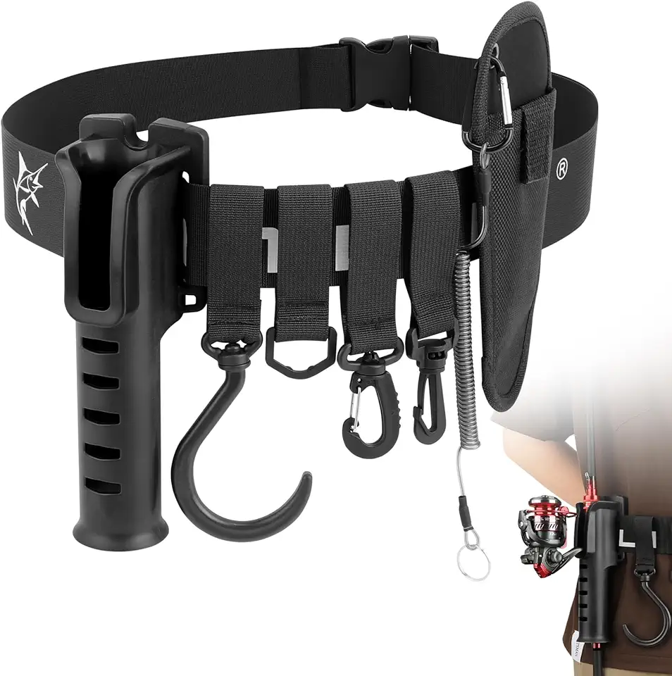 SAN LIKE Adjustable Fishing Rod Holster Waist Wading Belt for Men - Nylon Wader With Portable Pole Inserter for Fly Surf Kayak Casting Spinning Gear (Black)