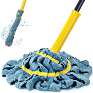 Self-Wringing Twist Mop, Microfiber & Scrub Pad Floor Mop, 57" Long Handle, Blue, Suitable for Wooden, Laminate, Tile & Marble Floors
