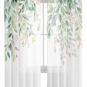 Semi Sheer Curtains 72" L, Rod Pocket Drapes Plant Sage Green Pink Leaf Spring Window Treatments Curtain Light Filter for Living Room Kitchen Bedroom Decor 2 Panels