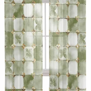 Semi Sheer Curtains 72" L, Rod Pocket Drapes Sage Green Flowers Cubic Geometric Pattern Window Treatments Curtain Light Filter for Living Room Kitchen Bedroom Decor 2 Panels