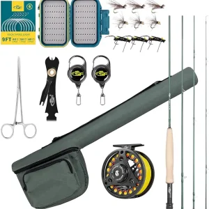 SF Fly Fishing Rod Combo Starter Kit Semi Gloss Green Jade Finish 24T Carbon Fiber Trout Travel Fly Rod with Reel,Fly Rod case,Fly Box , Flies,Tapered Leader,Knot Tying Tools