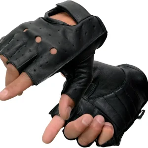 SH195 Men's Black Leather Perforated Gel Padded Palm Fingerless Motorcycle Hand Gloves W/ �Open Knuckle�
