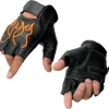 SH198 Men's Black Leather Gel Padded Palm Fingerless Motorcycle Gloves w/Orange Flame Embroidery