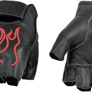 SH198 Men's Black Leather Gel Padded Palm Fingerless Motorcycle Gloves w/Orange Flame Embroidery