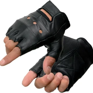 SH216 Men's Black Leather Gel Padded Palm Fingerless Motorcycle Hand Gloves W/Breathable �Open Knuckle�