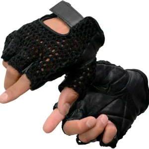 SH219 Men's Black Leather Gel Padded Palm Fingerless Motorcycle Hand Gloves W/Breathable �Mesh Material�
