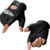 SH353 Men's Black Leather Gel Padded Palm Fingerless Motorcycle Hand Gloves W/ �Embroidered Skull & Bones�