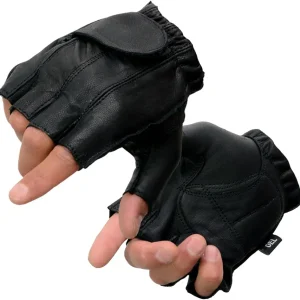 SH442 Men's Black Leather Gel Padded Palm Fingerless Motorcycle Hand Gloves W/Soft �Genuine Leather�