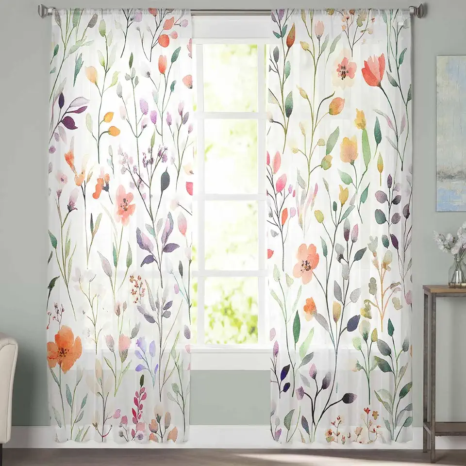 Sheer Curtains 72 Inch Long 2 Panels Flower Flower Sage Watercolor Style Light Filtering Rod Pocket Semi Sheer Curtains, Voile Drapes for Living Room Bedroom, 52"x72"