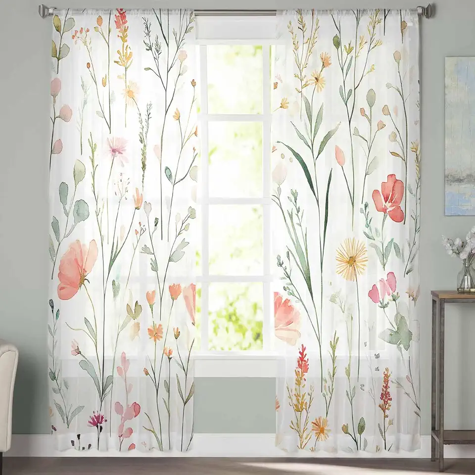 Sheer Curtains 72 Inch Long 2 Panels Flower Sage Flower Flower 3 Light Filtering Rod Pocket Semi Sheer Curtains, Voile Drapes for Living Room Bedroom, 52"x72"