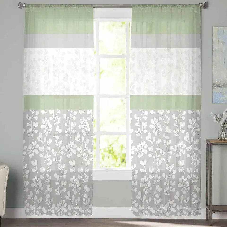 Sheer Curtains 72 Inch Long 2 Panels Green Grey Stitching Sage Green Floral Design Light Filtering Rod Pocket Semi Sheer Curtains, Voile Drapes for Living Room Bedroom, 52"x72"
