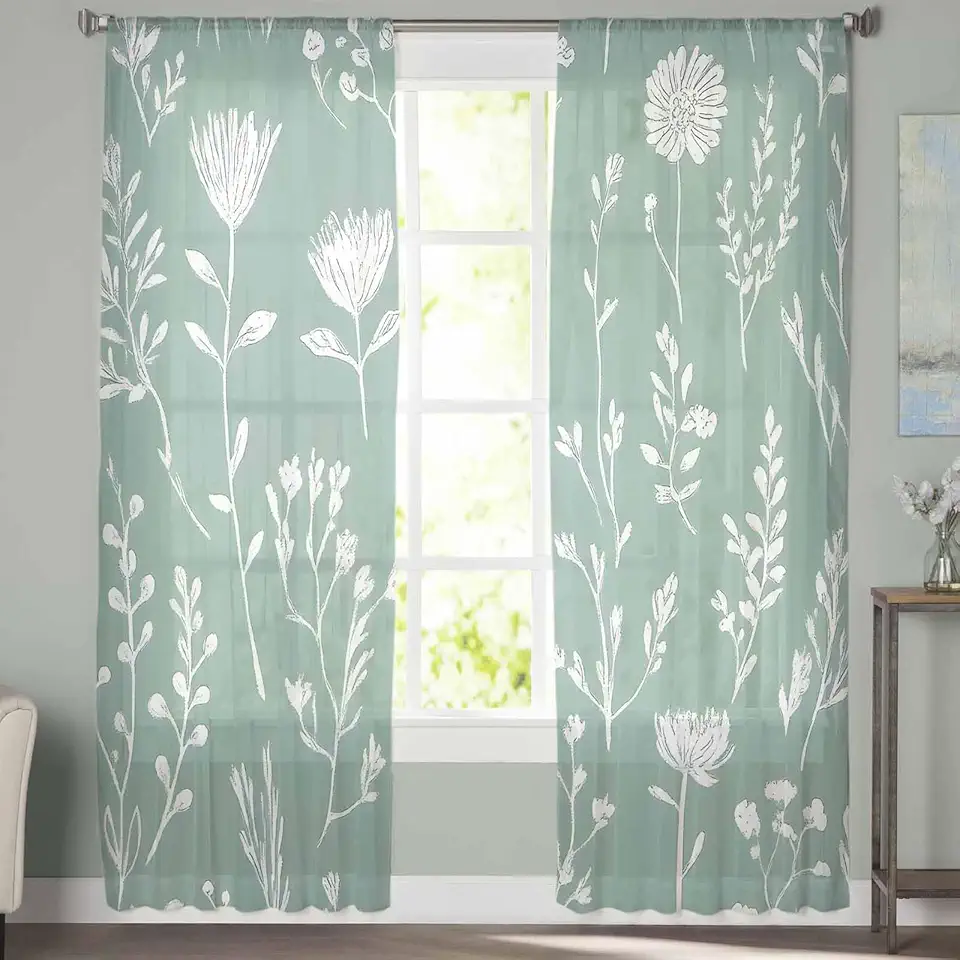 Sheer Curtains 72 Inch Long 2 Panels Green Sage Leaves Boho Floral Leaf Light Filtering Rod Pocket Semi Sheer Curtains, Voile Drapes for Living Room Bedroom, 52"x72"