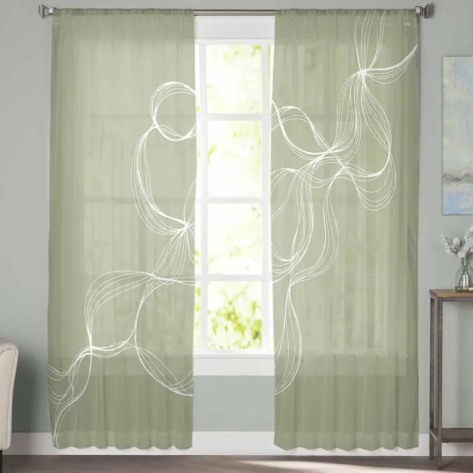 Sheer Curtains 72 Inch Long 2 Panels Lines Art Texture Sage Green Light Filtering Rod Pocket Semi Sheer Curtains, Voile Drapes for Living Room Bedroom, 52"x72"
