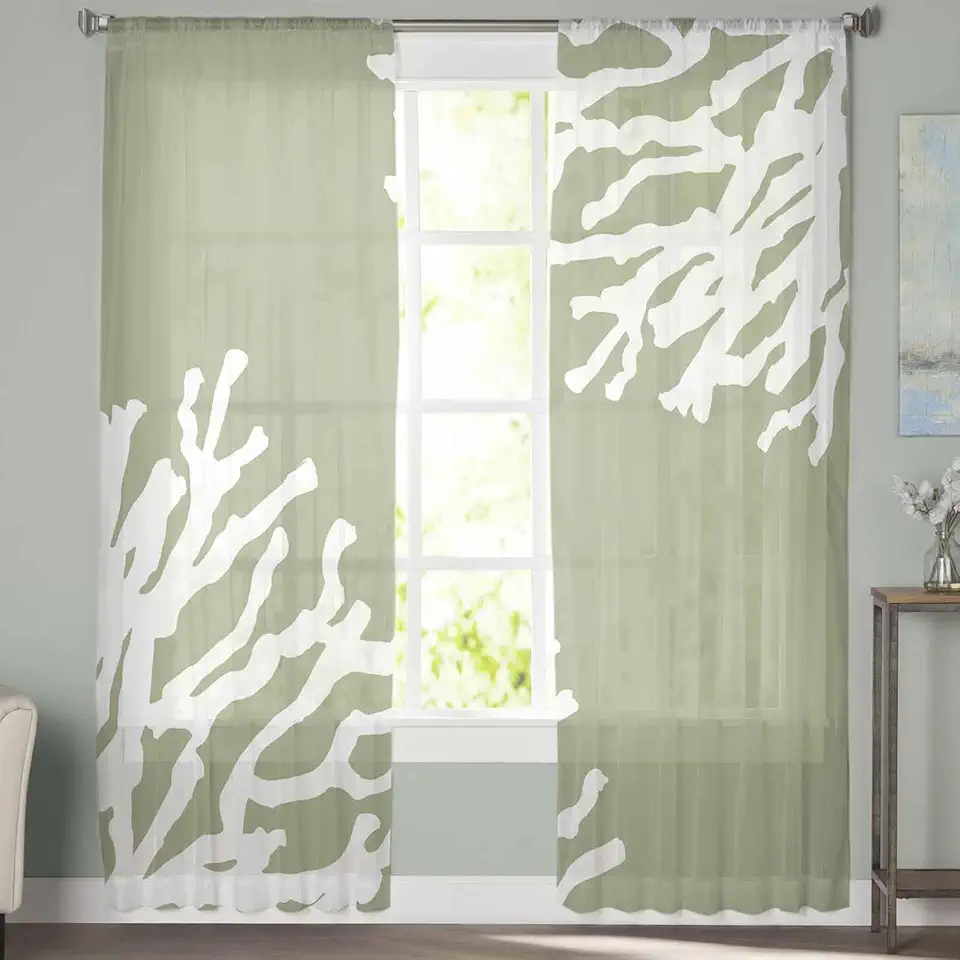 Sheer Curtains 72 Inch Long 2 Panels Minimalist Coral Texture Sage Green Light Filtering Rod Pocket Semi Sheer Curtains, Voile Drapes for Living Room Bedroom, 52"x72"
