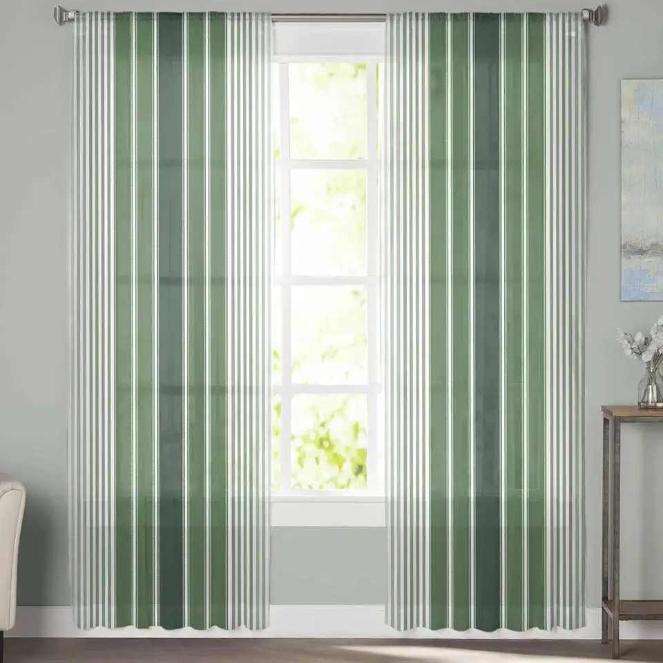 Sheer Curtains 72 Inch Long 2 Panels Minimalist Country Sage Green Gradient Stripes Light Filtering Rod Pocket Semi Sheer Curtains, Voile Drapes for Living Room Bedroom, 52"x72"