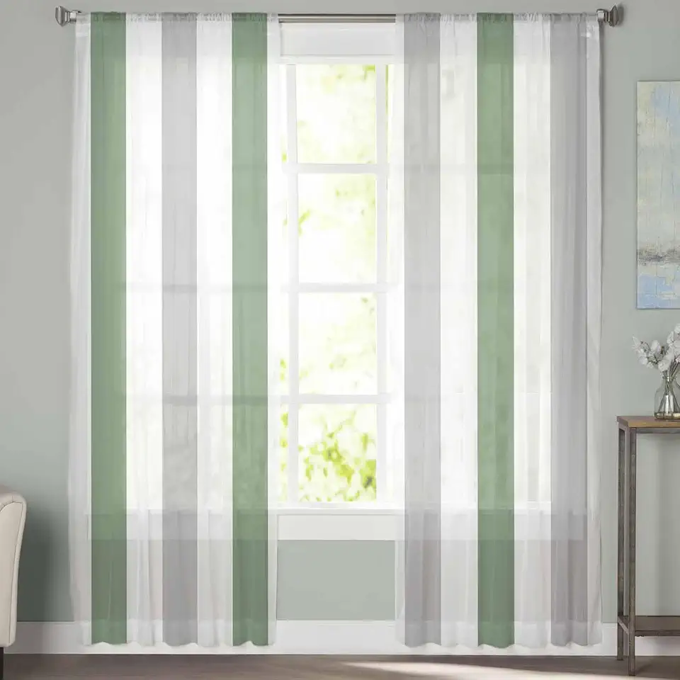 Sheer Curtains 72 Inch Long 2 Panels Minimalist Sage Green Grey Striped Light Filtering Rod Pocket Semi Sheer Curtains, Voile Drapes for Living Room Bedroom, 52"x72"
