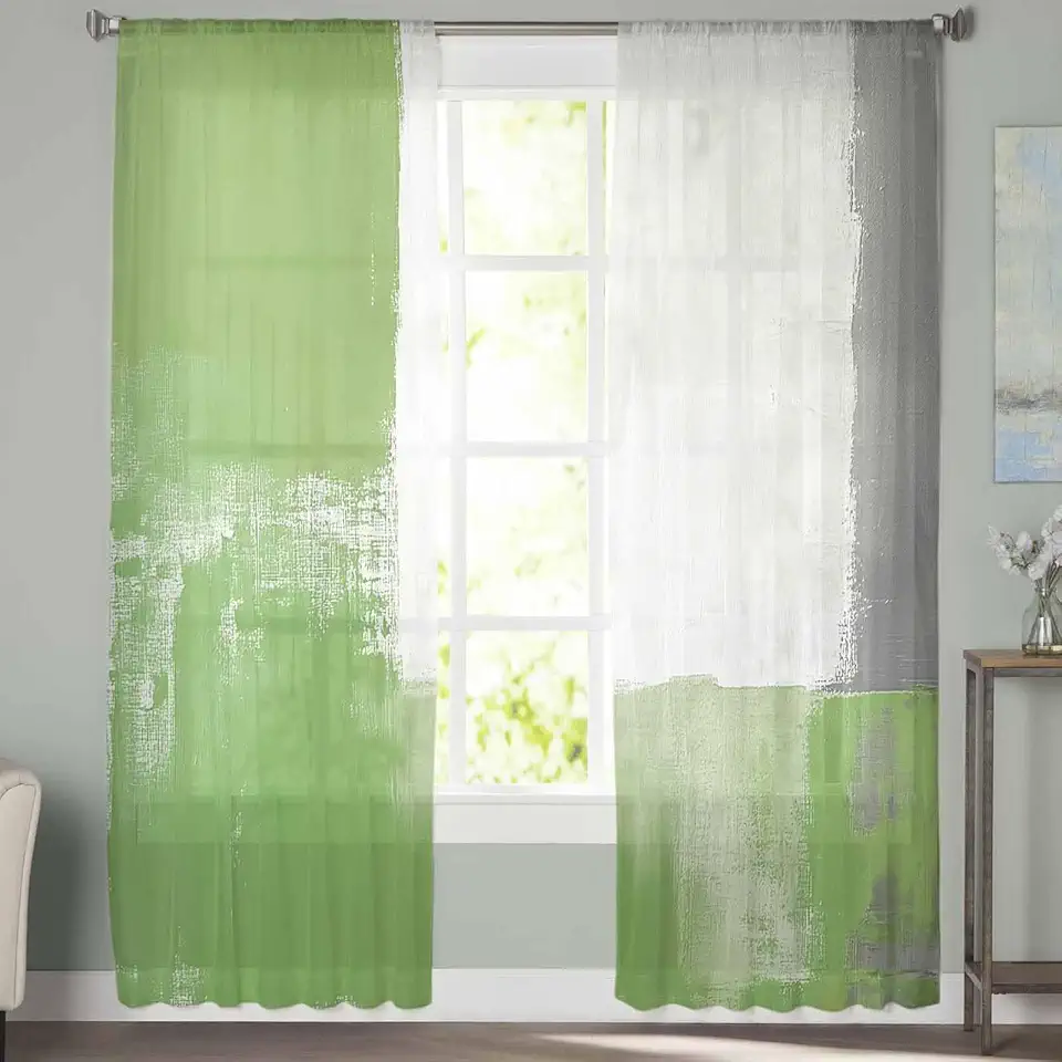 Sheer Curtains 72 Inch Long 2 Panels Modern Sage Green Abstract Smear Light Filtering Rod Pocket Semi Sheer Curtains, Voile Drapes for Living Room Bedroom, 52"x72"