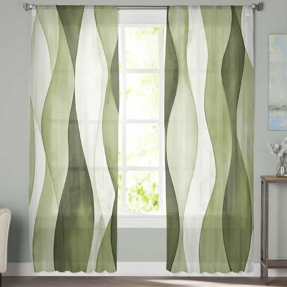 Sheer Curtains 72 Inch Long 2 Panels Modern Sage Green Ripple Abstract Light Filtering Rod Pocket Semi Sheer Curtains, Voile Drapes for Living Room Bedroom, 52"x72"
