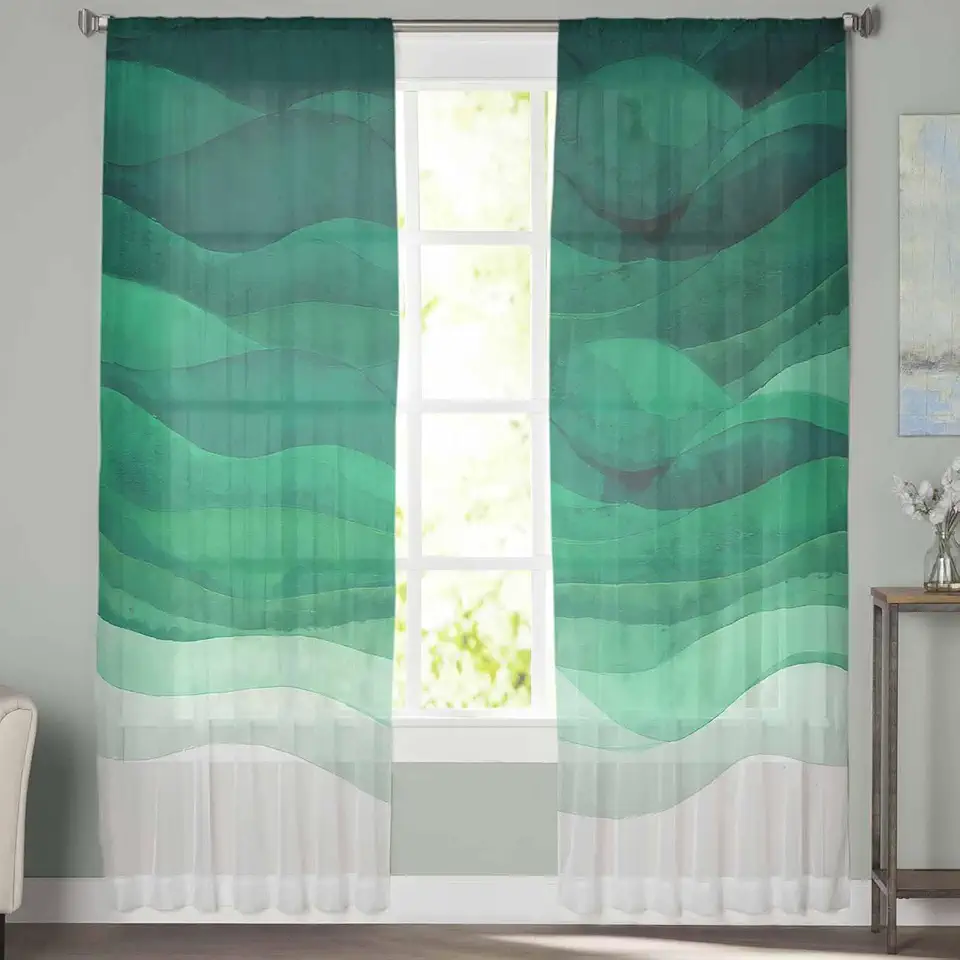 Sheer Curtains 72 Inch Long 2 Panels Ocean Abstract Gradient Sage Green Light Filtering Rod Pocket Semi Sheer Curtains, Voile Drapes for Living Room Bedroom, 52"x72"