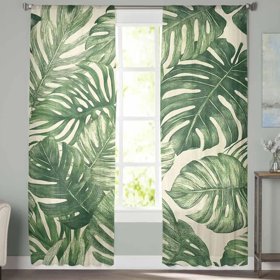 Sheer Curtains 72 Inch Long 2 Panels Palm Leaf Summer Watercolor Sage Green Tropical Plant Linen Light Filtering Rod Pocket Semi Sheer Curtains, Voile Drapes for Living Room Bedroom, 52"x72"