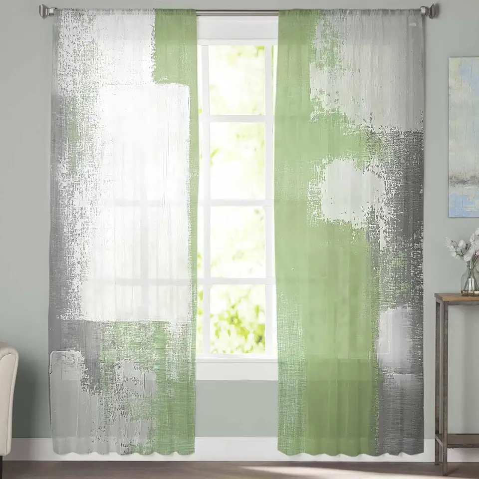 Sheer Curtains 72 Inch Long 2 Panels Pigment Sage Green Smear Modern Light Filtering Rod Pocket Semi Sheer Curtains, Voile Drapes for Living Room Bedroom, 52"x72"