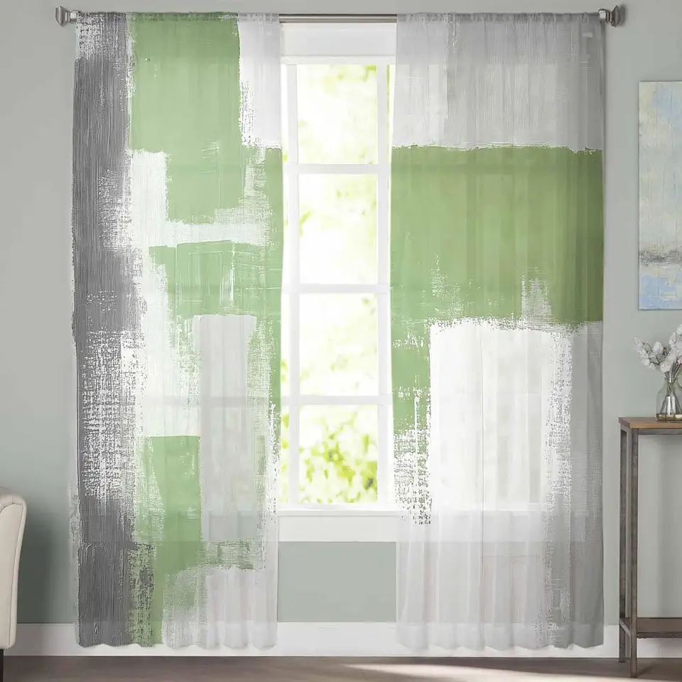 Sheer Curtains 72 Inch Long 2 Panels Pigment Square Smear Sage Green Light Filtering Rod Pocket Semi Sheer Curtains, Voile Drapes for Living Room Bedroom, 52"x72"