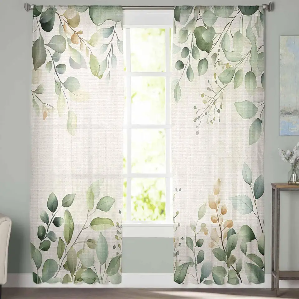 Sheer Curtains 72 Inch Long 2 Panels Retro Eucalyptus Leaves Sage Green Leaf Summer Plants Linen Light Filtering Rod Pocket Semi Sheer Curtains, Voile Drapes for Living Room Bedroom, 52"x72"