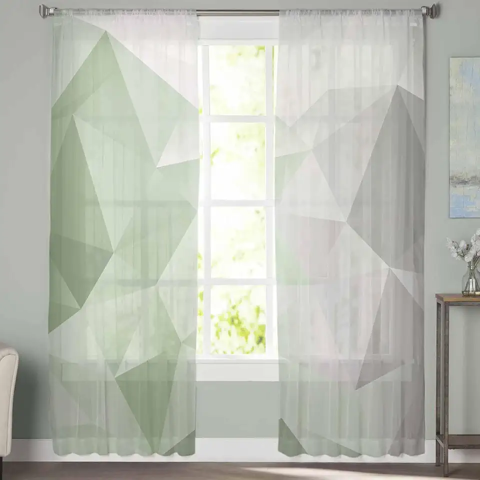 Sheer Curtains 72 Inch Long 2 Panels Sage Green and Grey Geometric Abstract 3D Art Light Filtering Rod Pocket Semi Sheer Curtains, Voile Drapes for Living Room Bedroom, 52"x72"