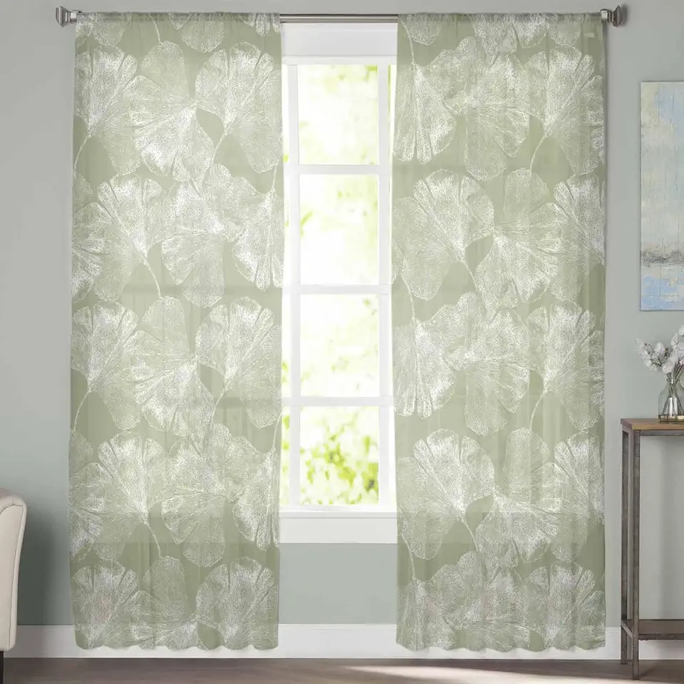 Sheer Curtains 72 Inch Long 2 Panels Sage Green Background Abstract Modern Ginkgo Leaf Light Filtering Rod Pocket Semi Sheer Curtains, Voile Drapes for Living Room Bedroom, 52"x72"