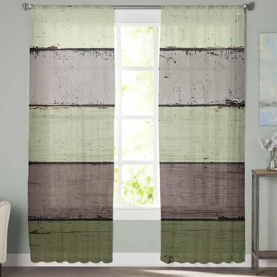 Sheer Curtains 72 Inch Long 2 Panels Sage Green Gradient Country Vintage Wood Grain Light Filtering Rod Pocket Semi Sheer Curtains, Voile Drapes for Living Room Bedroom, 52"x72"