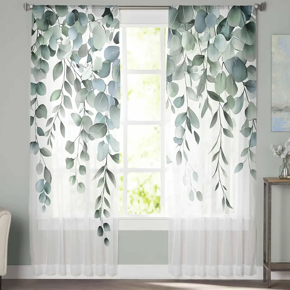 Sheer Curtains 72 Inch Long 2 Panels Sage Green Leaves Eucalyptus Leaf Watercolor Plant Light Filtering Rod Pocket Semi Sheer Curtains, Voile Drapes for Living Room Bedroom, 52"x72"