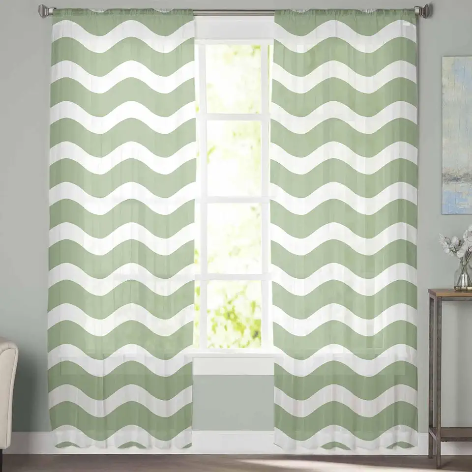 Sheer Curtains 72 Inch Long 2 Panels Sage Green Water Ripple Striped Light Filtering Rod Pocket Semi Sheer Curtains, Voile Drapes for Living Room Bedroom, 52"x72"