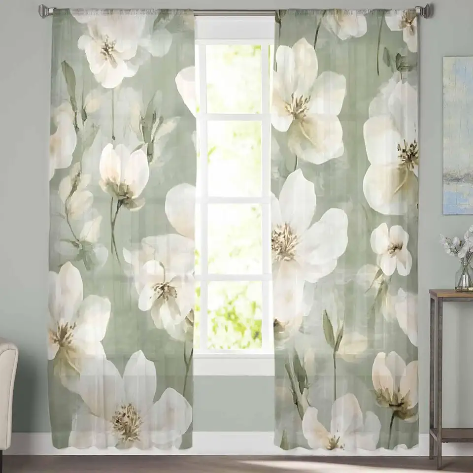 Sheer Curtains 72 Inch Long 2 Panels Sage Green Watercolor Flowers White Flowers 4 Light Filtering Rod Pocket Semi Sheer Curtains, Voile Drapes for Living Room Bedroom, 52"x72"