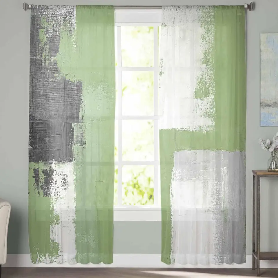 Sheer Curtains 72 Inch Long 2 Panels Smear Abstract Sage Green Graffiti Light Filtering Rod Pocket Semi Sheer Curtains, Voile Drapes for Living Room Bedroom, 52"x72"