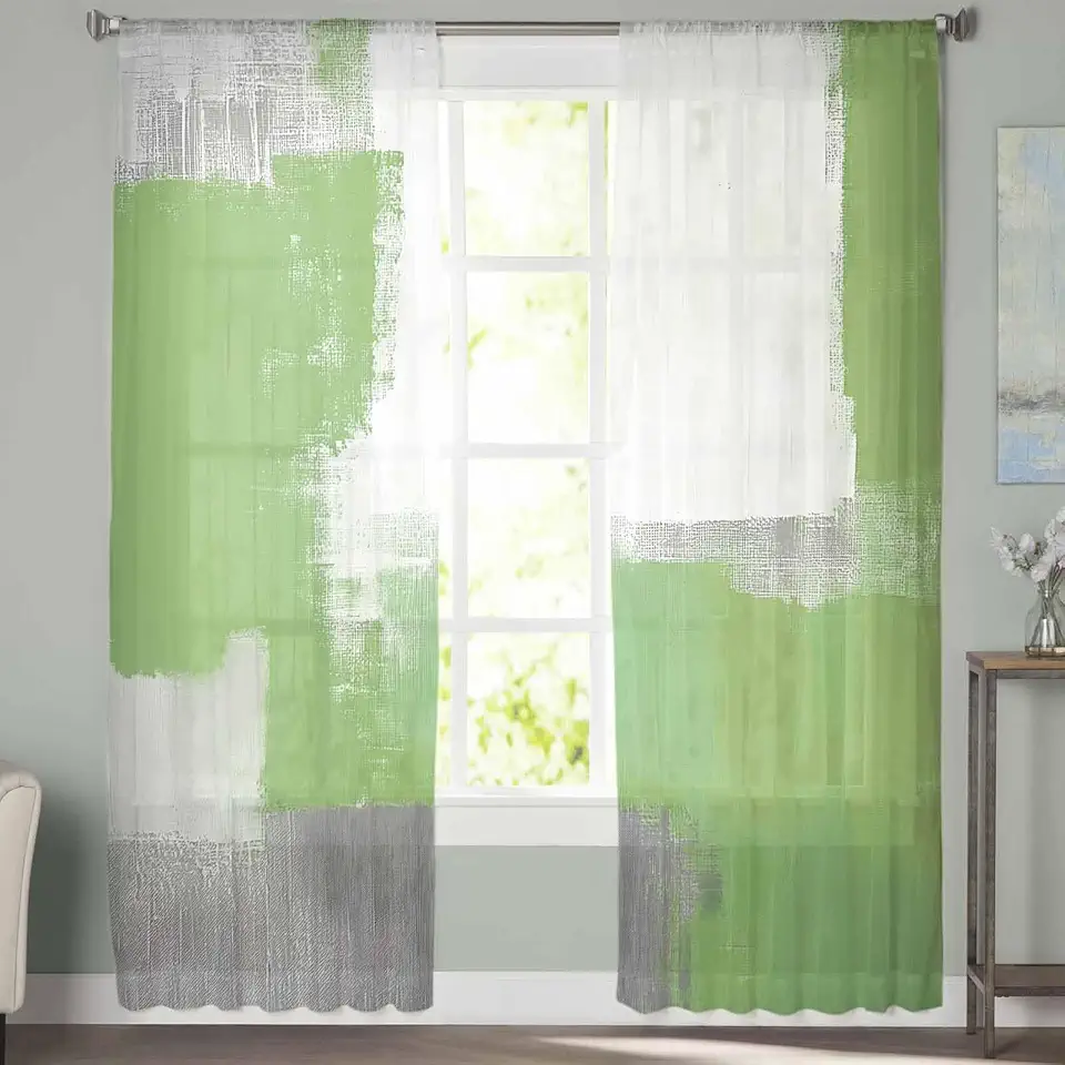 Sheer Curtains 72 Inch Long 2 Panels Square Texture Sage Green Smear Light Filtering Rod Pocket Semi Sheer Curtains, Voile Drapes for Living Room Bedroom, 52"x72"