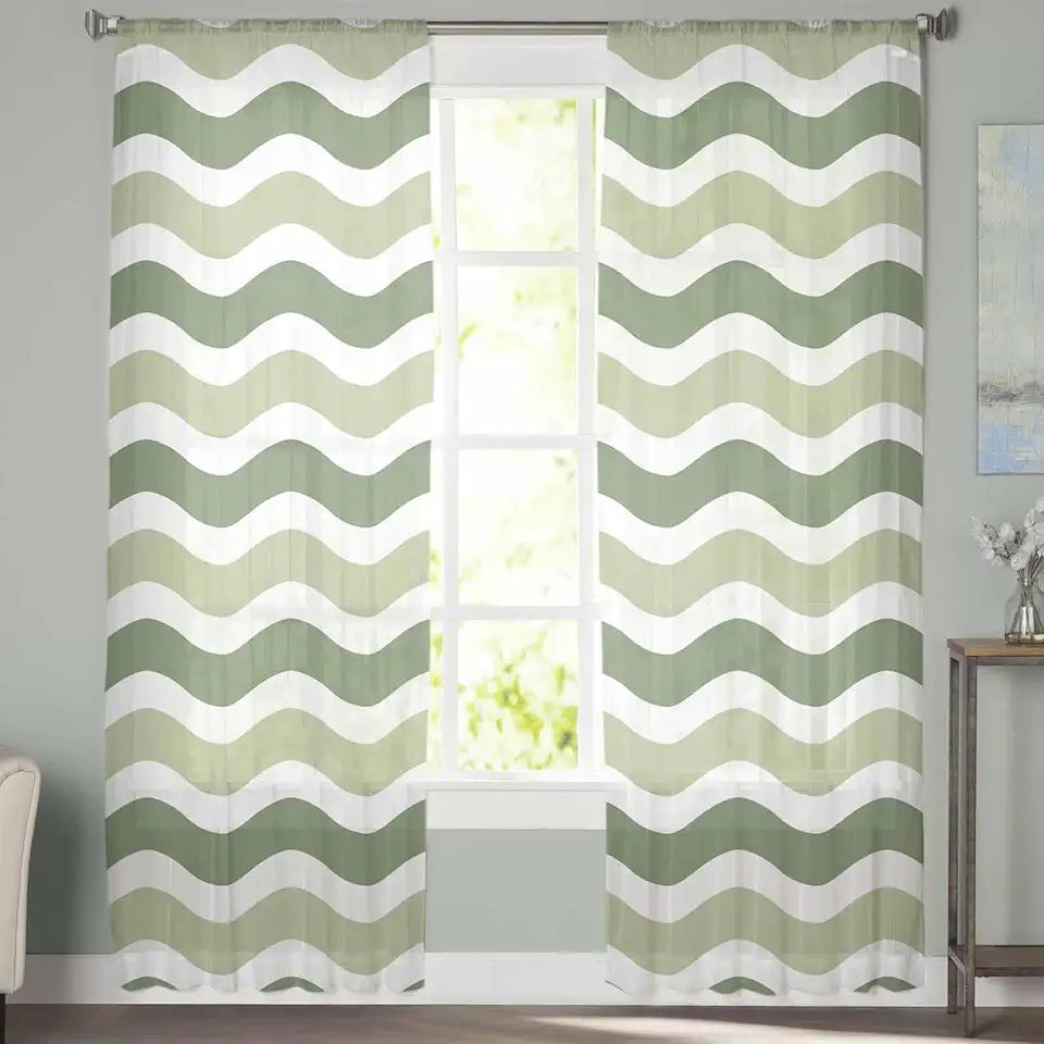 Sheer Curtains 72 Inch Long 2 Panels Stripe Sage Green Green Water Ripple Light Filtering Rod Pocket Semi Sheer Curtains, Voile Drapes for Living Room Bedroom, 52"x72"