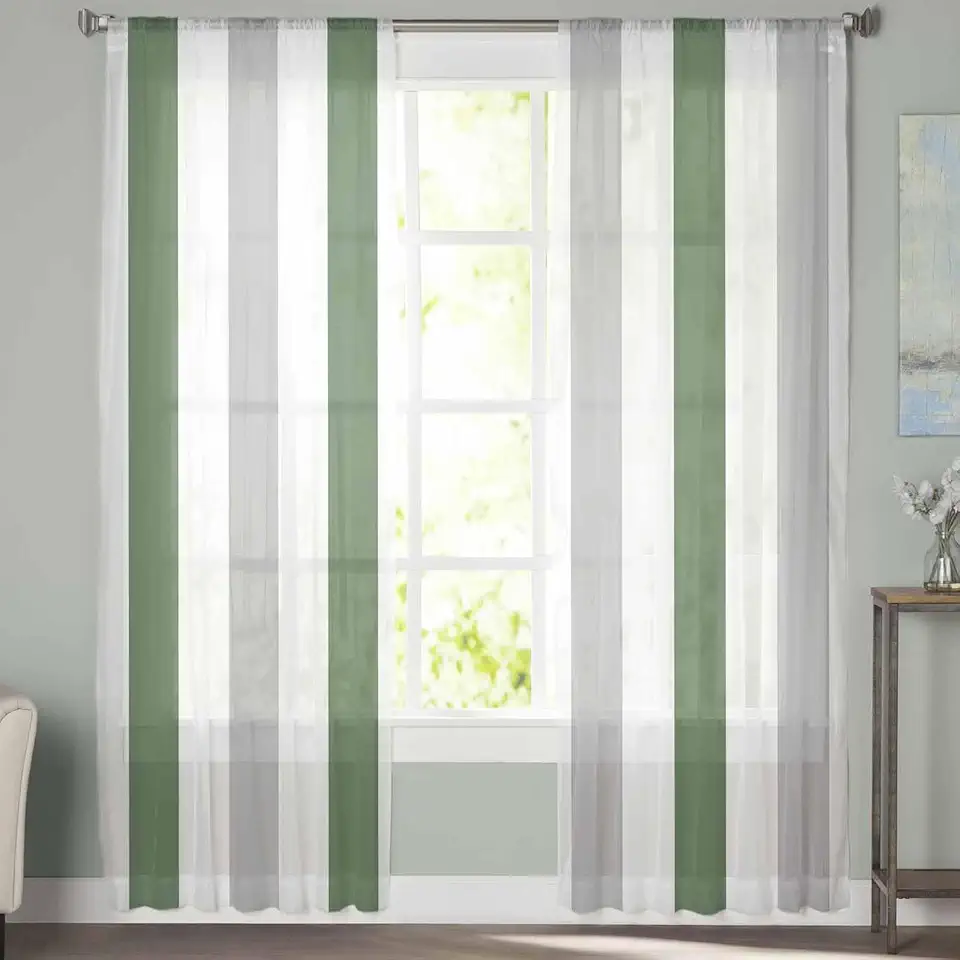 Sheer Curtains 72 Inch Long 2 Panels Striped Sage Green Minimalist Grey Light Filtering Rod Pocket Semi Sheer Curtains, Voile Drapes for Living Room Bedroom, 52"x72"