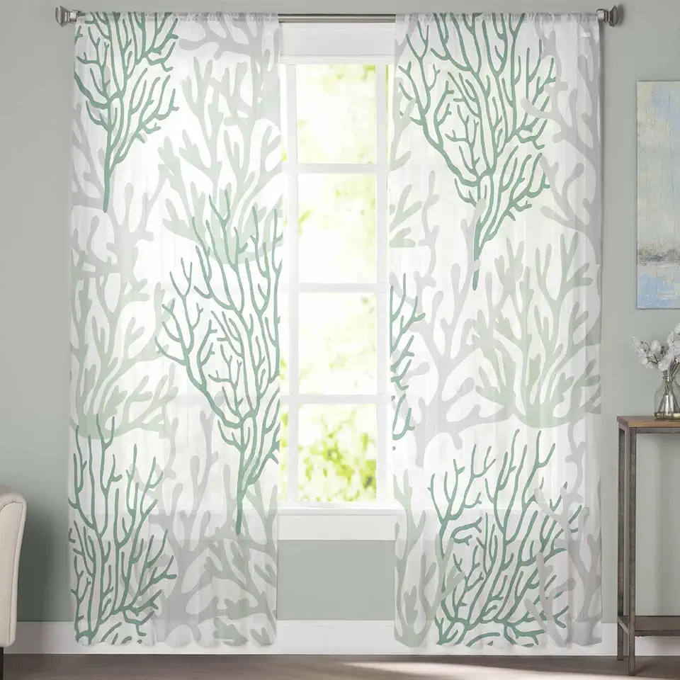 Sheer Curtains 72 Inch Long 2 Panels Summer Gradient Sage Green Ocean Coral Sea Light Filtering Rod Pocket Semi Sheer Curtains, Voile Drapes for Living Room Bedroom, 52"x72"